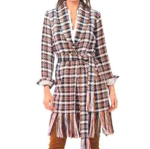 CAbi Jackets & Blazers - CAbi Regency Belted Noble Plaid Multicolor Coat with Fringe